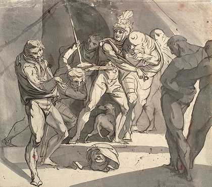 理查德·金雀花将萨默塞特公爵被砍下的头颅扔在他父亲的脚下。莎士比亚《亨利六世》插图，第三部分，第一幕，第20行