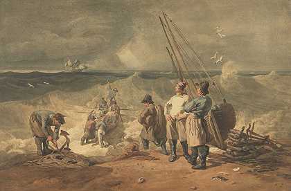 约书亚·克里斯托尔（Joshua Cristall）的《苏塞克斯海岸，将船推下遇险船只》
