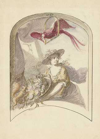 埃利亚斯·范·奈梅根的《拿着水果篮的女人，松鼠和鹦鹉》