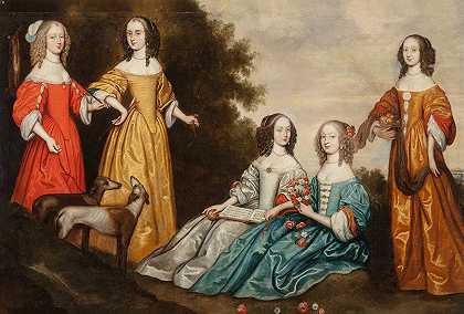“英国学校风景中五名女性的集体肖像