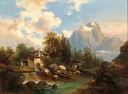 约瑟夫·托马（Josef Thoma）的《山河边的磨坊，背景是达赫斯坦地块》（the Dachstein Massif）