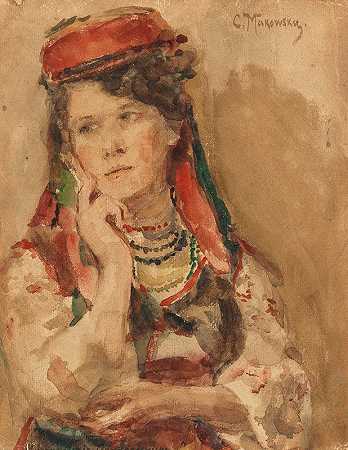 康斯坦丁·埃戈罗维奇·马科夫斯基的《穿着传统服装的年轻女士肖像》