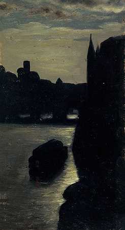 “塞纳河畔，靠近法院，夜间效果。作者：查尔斯·埃米尔·库辛