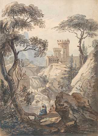 保罗·桑德比的《城堡、瀑布和垂钓者的意大利风景》
