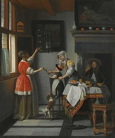 Pieter De Hooch的《一个孩子喂鹦鹉的室内》