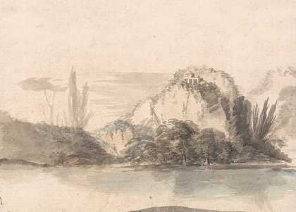 亚历山大·鲁西曼（Alexander Runciman）在湖对面看到的一座坐落在岩石露头上的寺庙
