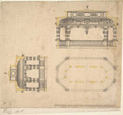 约翰·瓦迪（John Vardy）的“加长多边形寺庙形式的浴室设计，平面图和两个立面图”