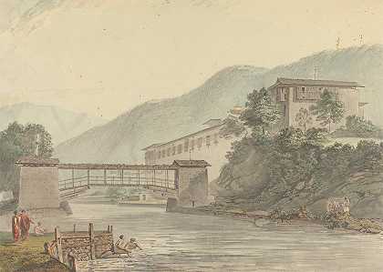 塞缪尔·戴维斯（Samuel Davis）的《不丹Tashichoedzong和步行桥风景》
