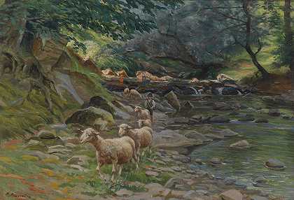 Ruggero Panerai的《河岸上的羊群和小牧羊人》