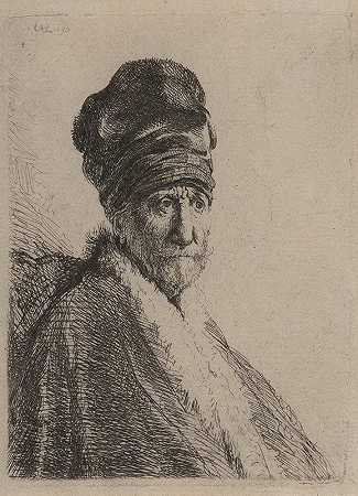 伦勃朗·范·里恩（Rembrandt van Rijn）创作的一个戴着高帽的男人的半身像，艺术家的父亲