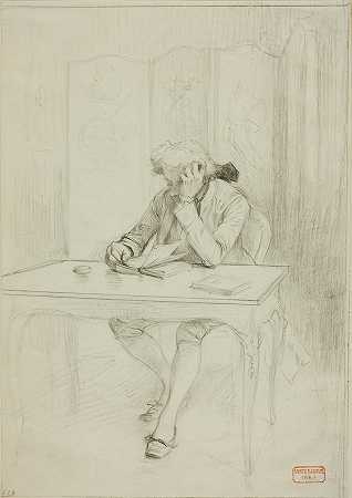 查尔斯·巴格（Charles Bargue）的《穿着十八世纪服装的男人，坐在桌子旁读书》