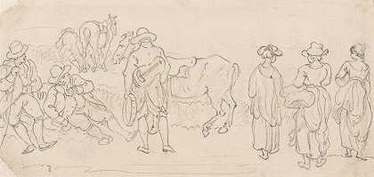保罗·桑德比的《琵琶和手鼓的人物，与其他人物男人休息、乡村妇女、马等》