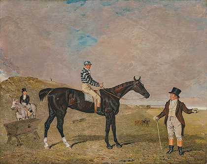 “Bravura”，一匹铁灰色的小马驹，詹姆斯·罗宾逊站在上面，主人罗伯特·基思·迪克爵士，Bt.，她的训练师骑在左边的灰色小马上，本杰明·马歇尔（Benjamin Marshall）在Newmarket Heath