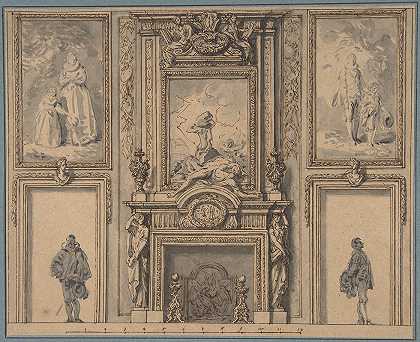 Antoine Le Pautre的“带有烟囱和两个人物的墙壁装饰设计”