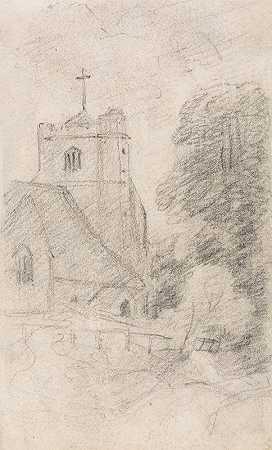 约翰·康斯特布尔（John Constable）从东北部拍摄的埃普索姆附近的皮头教堂（Leatherhead Church）