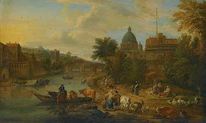 马蒂斯·肖瓦尔茨的《罗马，带着圣安吉罗城堡的台伯随想》，《河岸上带着牛的农民》
