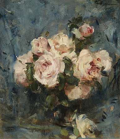 查尔斯·赫尔曼的《玻璃花瓶里有玫瑰的静物》