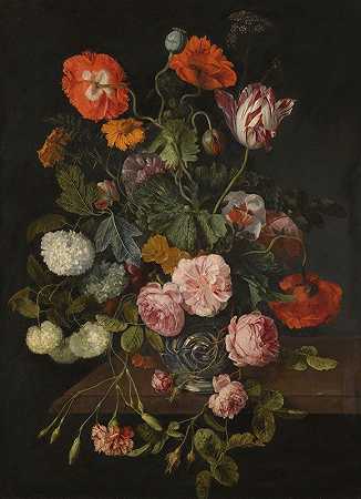 Cornelis Kick的《鹦鹉郁金香、罂粟、玫瑰花、雪球和其他花朵的静物》