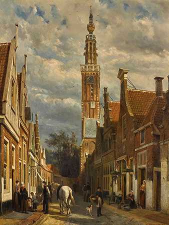 “科内利斯·斯普林格（Cornelis Springer）的《伊丹的卡里隆塔》（The carillon tower in Edam）