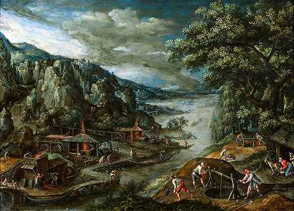 Marten Van Valckenborch的《河流风景与铁矿开采场景》