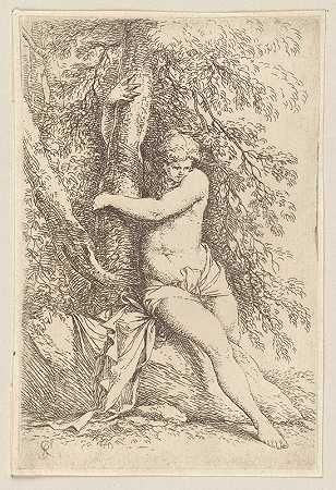 救世主罗莎的《裸体，坐着，抱着一棵树》