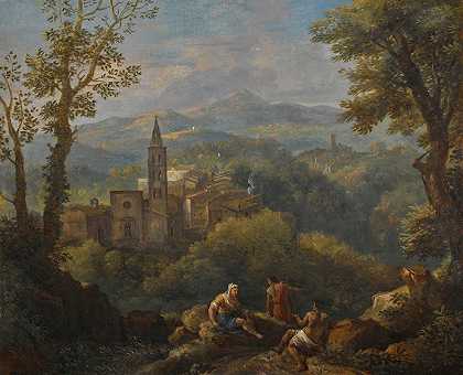 扬·弗朗斯·范·布洛曼（Jan Frans Van Bloemen）的《意大利风景，前景是三个人物，山顶上的村庄和远处的教堂》
