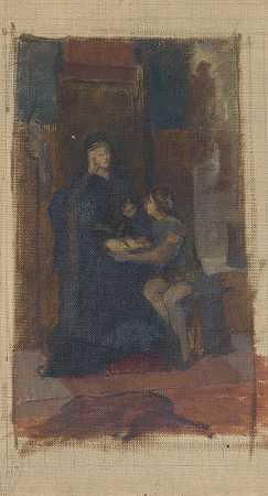 苏珊娜·雷纳特·格拉尼奇（Susanne Renate Granitch）的油画素描：一位身穿长袍坐在室内的女子，面前是一张打开的书页