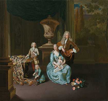“迪德里克·范·莱登·范·弗拉丁根男爵（1695-1764）。莱顿的勃艮第，与他的妻子索菲亚·迪娜·德·罗弗尔和他们的儿子彼得·扬·恩·阿德里安·庞佩尤斯（Willem van Mieris）