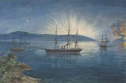 罗伯特·查尔斯·达德利（Robert Charles Dudley）1858年8月5日，纽芬兰三一湾公牛湾（Bay of Bull Arms，Trinity Bay，Newfoundland），山上燃起篝火，通知电缆舰队抵达