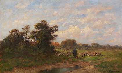 DésiréThomassin的《牧羊人和他的羊群在村庄郊区》