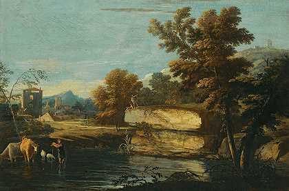 马可·里奇的《湖畔风景，牧民和他的动物在水边休息》