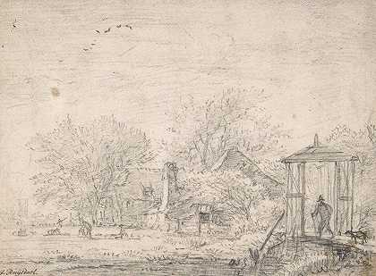 雅各布·范·鲁伊斯代尔的《树间的房子，在人行道上的正确人和狗》