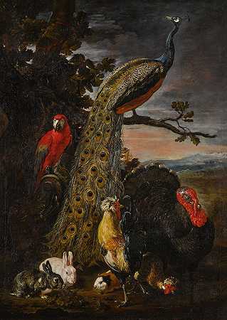 大卫·德·科宁克的《孔雀、鹦鹉、鸡、火鸡、两只兔子和一只豚鼠的风景》