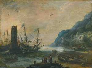安德里斯·范·埃尔特维特（Andries van Eertvelt）的《地中海海岸风景，岸上有一座塔、船只和人影》