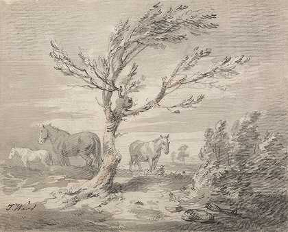 詹姆斯·沃德的《前景中有三匹马和一棵树的风景》