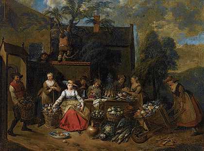 Jan Baptist Lambrechts的《一个优雅的，在不同的水果和蔬菜之间的风景中，一个带着手推车的女人从右边进入》