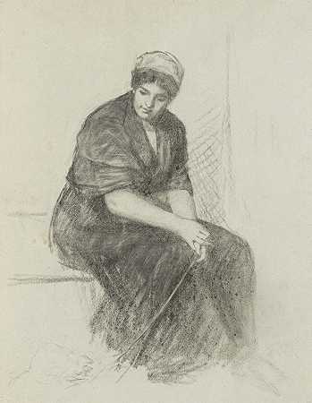 Thérèse Schwartze的《肩上围着围巾坐着的年轻女人》