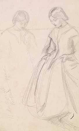 约翰·埃弗雷特·米莱斯爵士的《女性-女孩抱着裙子的素描》