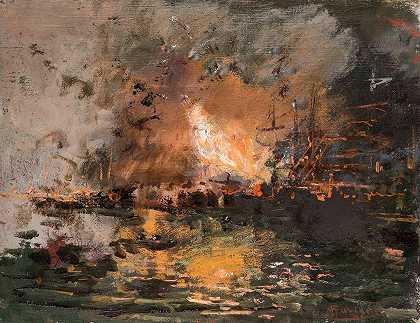 蓬佩奥·马里亚尼的《港口起火的船》