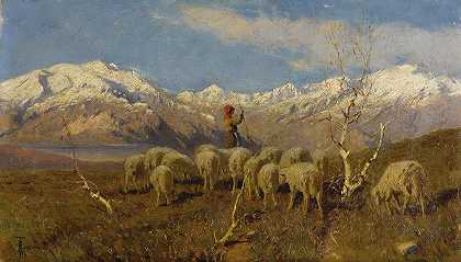 阿奇尔·托米内蒂《阿尔卑斯山上放牧的牧羊人和群羊人》