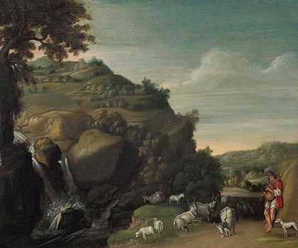 雅各布·西蒙斯（Jacob Symonsz）的《山丘风景，瀑布和牧羊人》