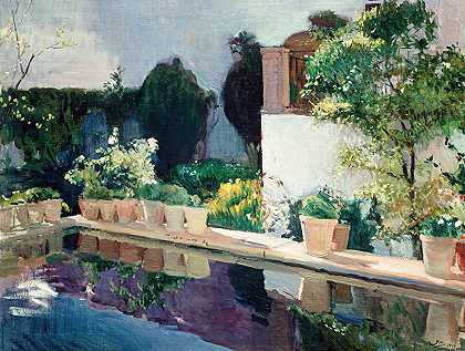 Joaquín Sorolla的《塞维利亚皇家花园池塘宫殿》