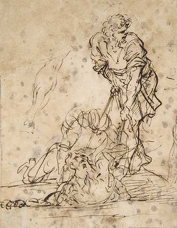 Salvator Rosa的《用绳索从坟墓或坑里抬出来的人像研究》