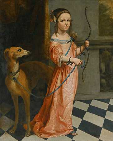 荷兰学校的《一个女孩的肖像》，全长，身穿粉红色连衣裙，带蝴蝶结和猎犬