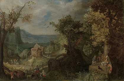 “猎人和骑兵在一条林荫道上，安东·米鲁（Anton Mirou）身后的山谷里有一个村庄