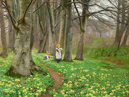 《两个女孩在春天的森林里采花》作者：汉斯·安德森·布伦德基德