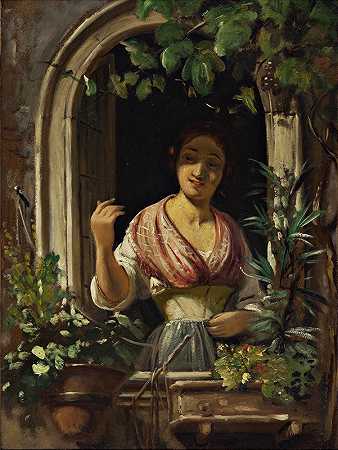 威廉·马斯特兰德（威廉·马斯特兰德）的《19世纪50年代末，一名意大利女子在窗外挥手》