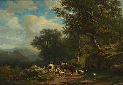 亚历山大·约瑟夫·戴瓦耶的《与农民及其羊群的风景》