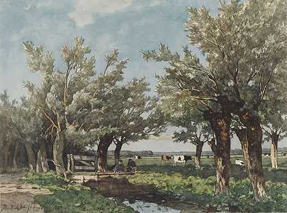 约翰·亨德里克·魏森布鲁克（Johan Hendrik Weissenbruch）的《两个男孩钓鱼的沟渠风景》