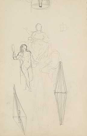 亨利克·西米拉兹基（Henryk Siemiradzki）绘制的“站在坐像前的女性人物草图，木柱横截面图